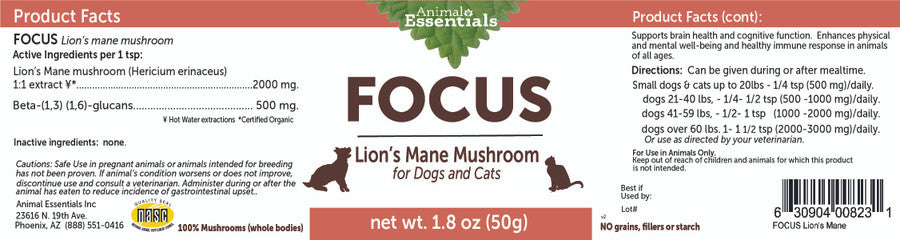 FOCUS Lion's Mane mushroom powder extract for Dogs & Cats